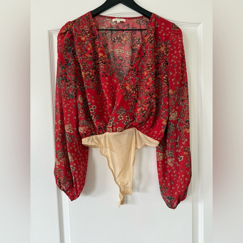 Long Sleeve Sheer Red Floral Chiffon Thong Bodysuit - Size Small